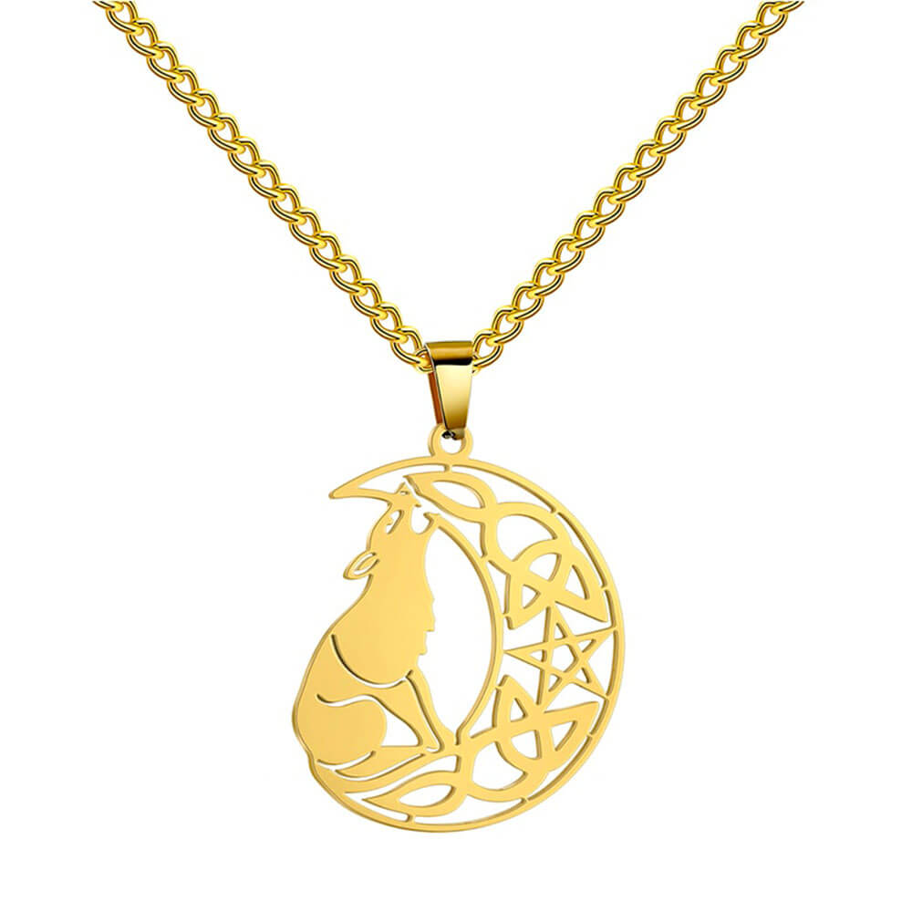 Gold Wiccan Wolf Moon Pentacle Pendant Necklace
