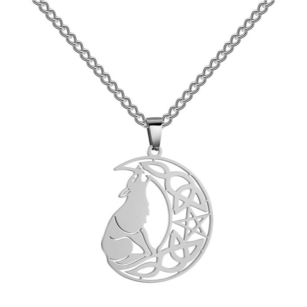 Silver Wiccan Wolf Moon Pentacle Pendant Necklace