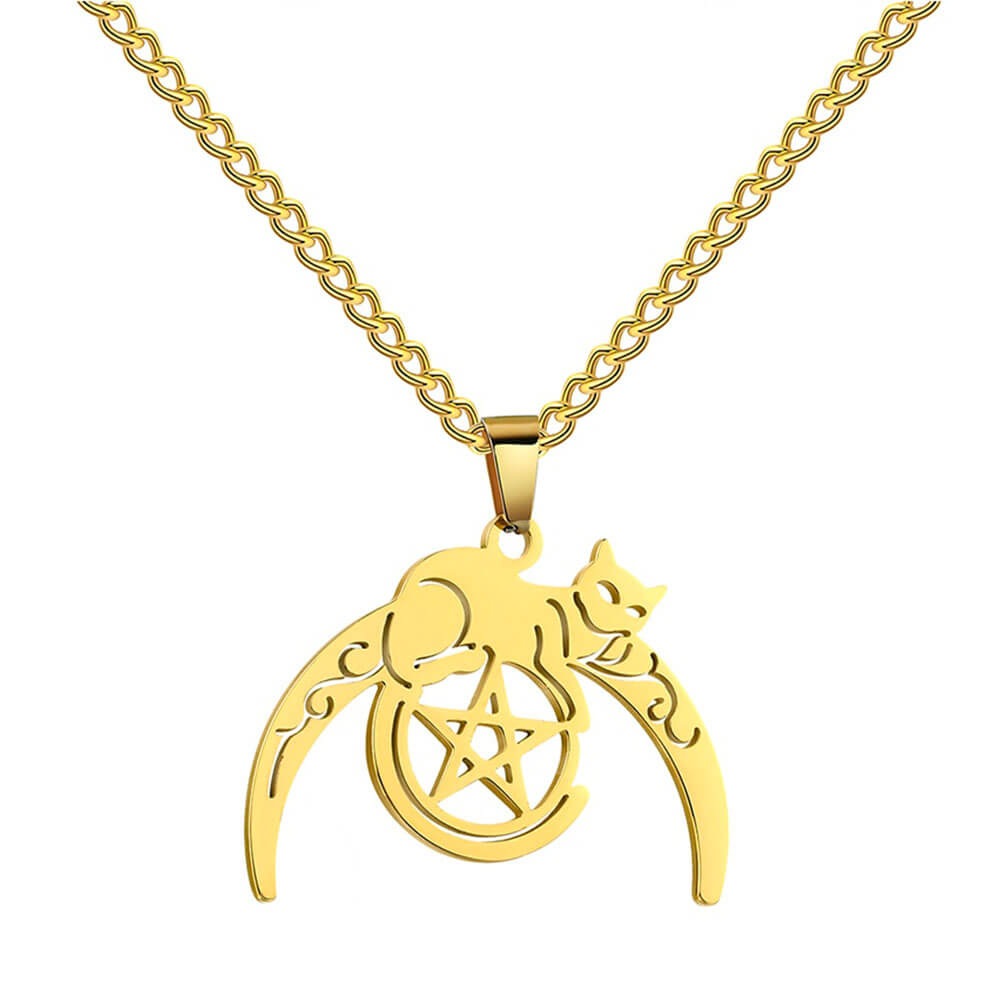 Gold Wiccan Cat Moon Pentacle Pendant Necklace