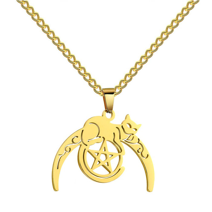 Gold Wiccan Cat Moon Pentacle Pendant Necklace