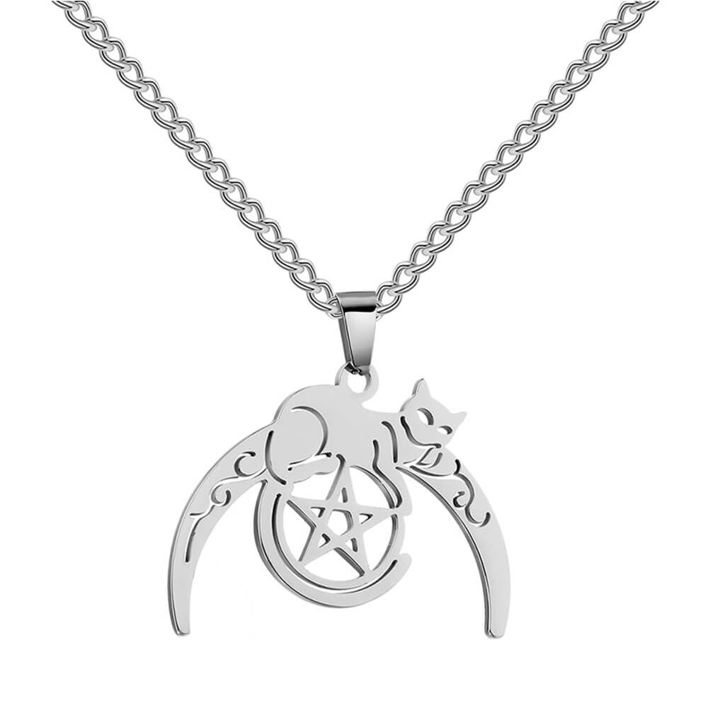 Silver Wiccan Cat Moon Pentacle Pendant Necklace