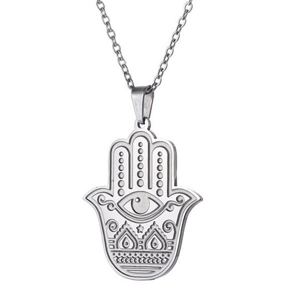 Silver Eye Khamsa Hand of Fatima Pendant Necklace