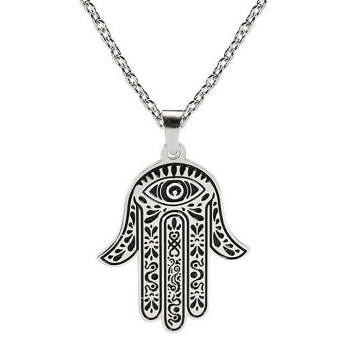 Silver Amulet Khamsa Hand of Fatima Pendant Necklace – Stainless Steel