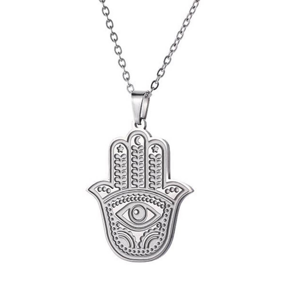 Silver Eye Khamsa Hand of Fatima Pendant Necklace – Stainless Steel
