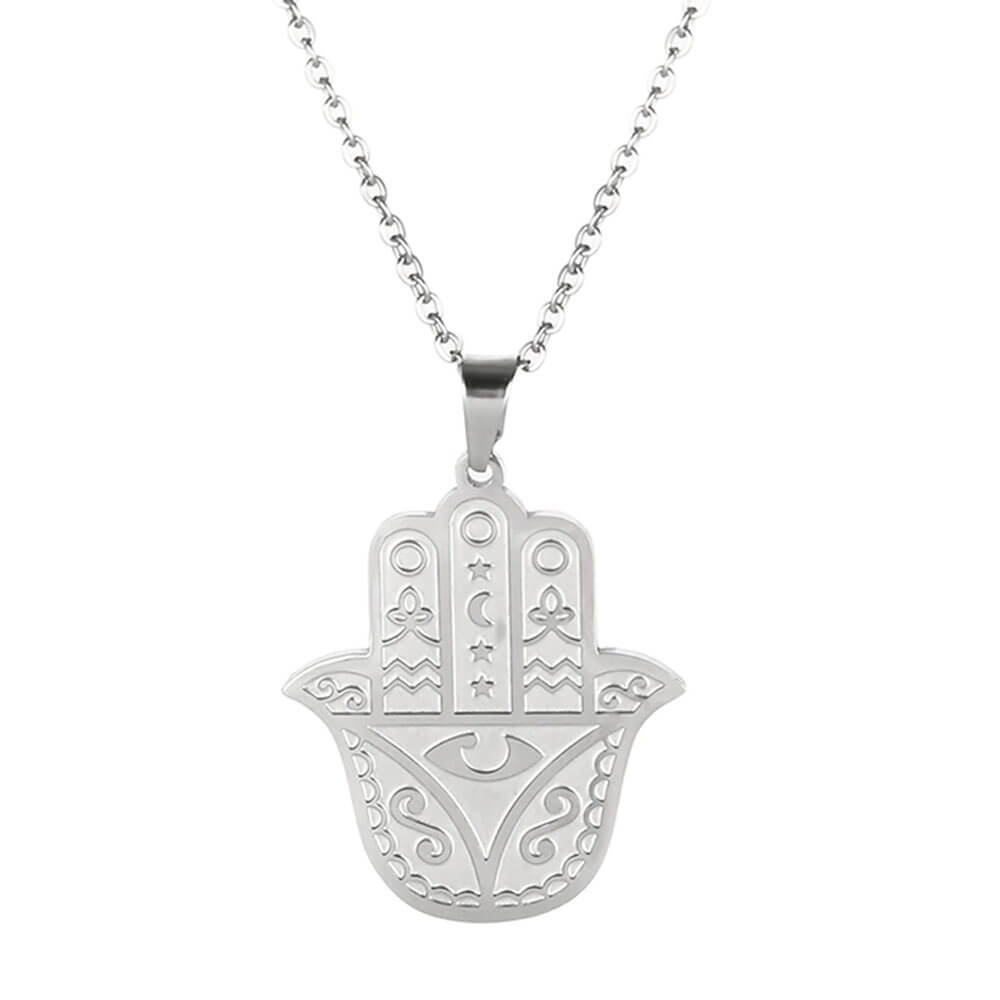 Silver Khamsa Hand of Fatima Pendant Necklace – Stainless Steel