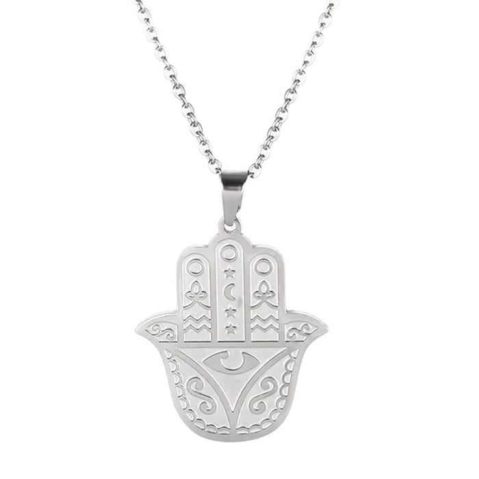 Silver Khamsa Hand of Fatima Pendant Necklace – Stainless Steel