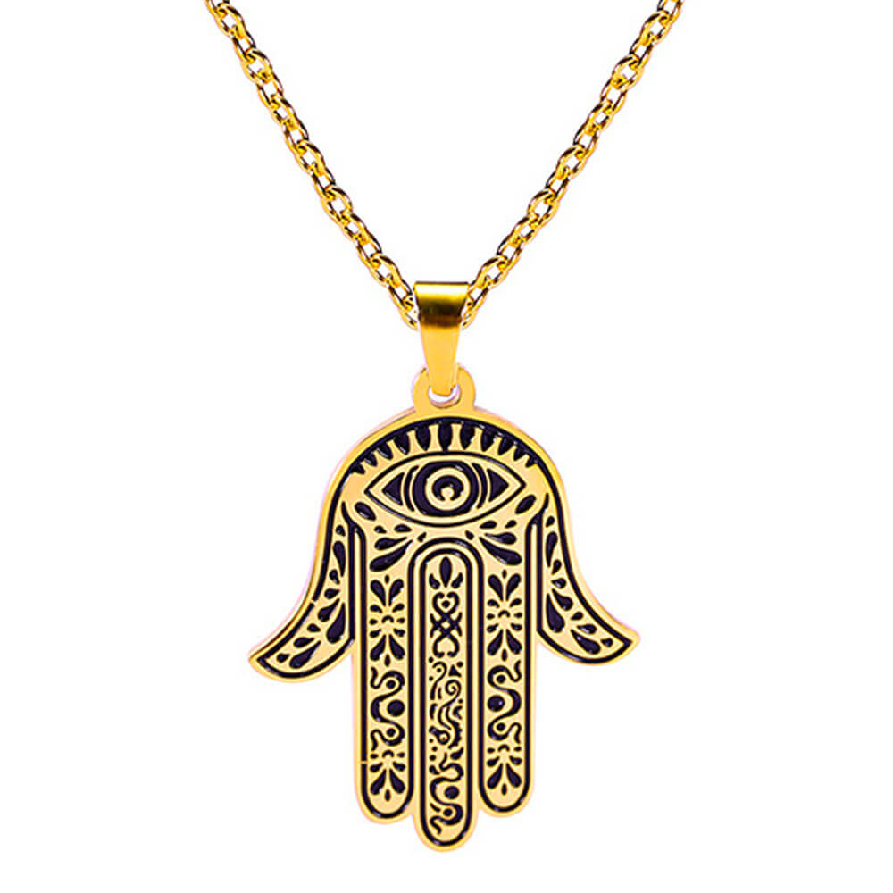 Gold Amulet Khamsa Hand of Fatima Pendant Necklace – Stainless Steel