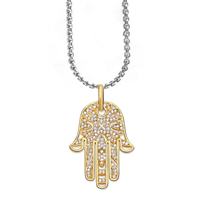 Gold and Crystal Khamsa Hand of Fatima Pendant Necklace – Stainless Steel
