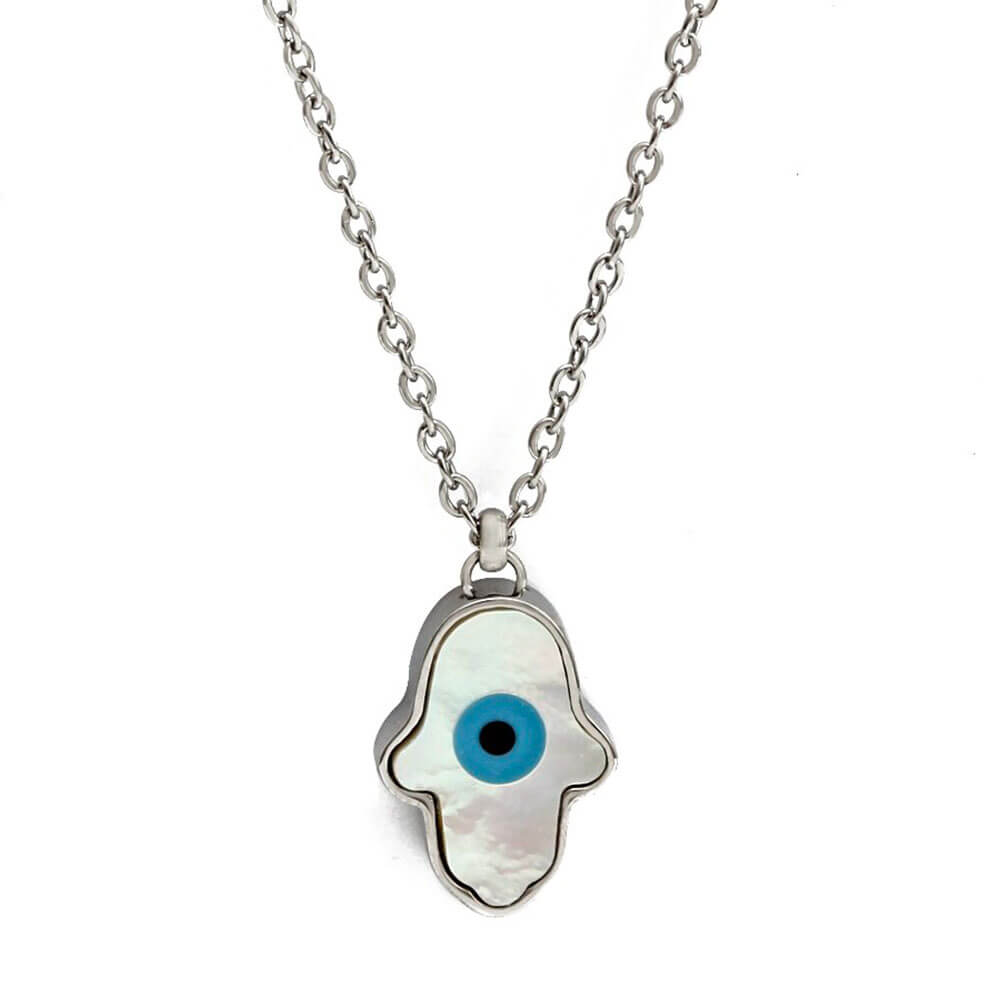 Silver Turkish Evil Eye Hand of Fatima Pendant Necklace