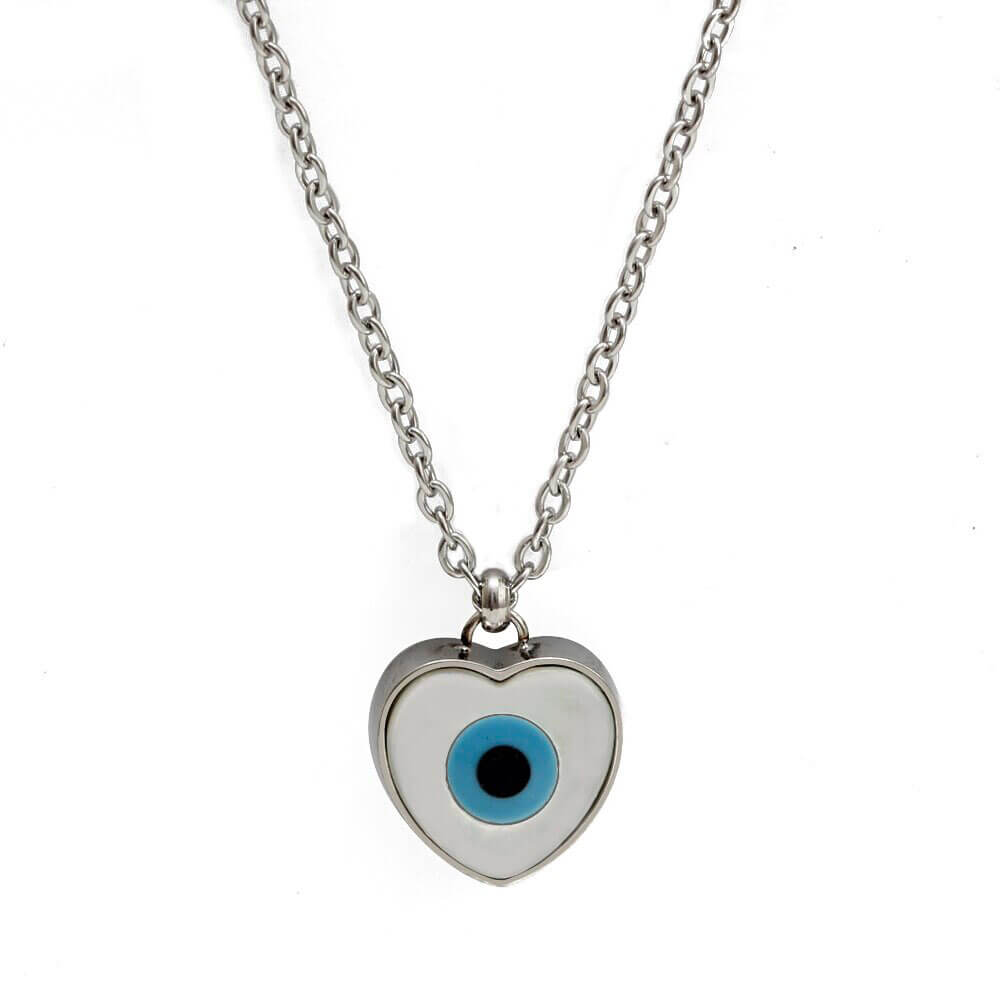 Silver Turkish Evil Eye Heart Pendant Necklace