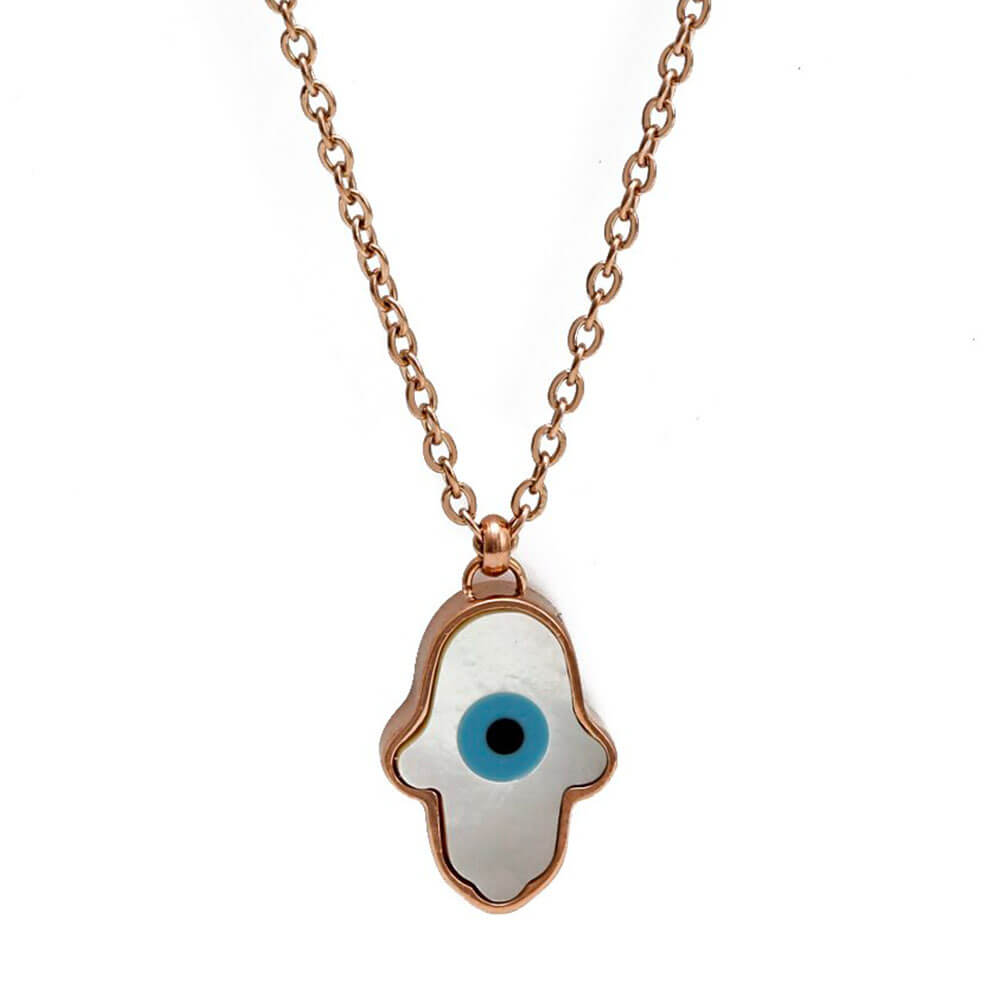 Rose Gold Turkish Evil Eye Hand of Fatima Pendant Necklace