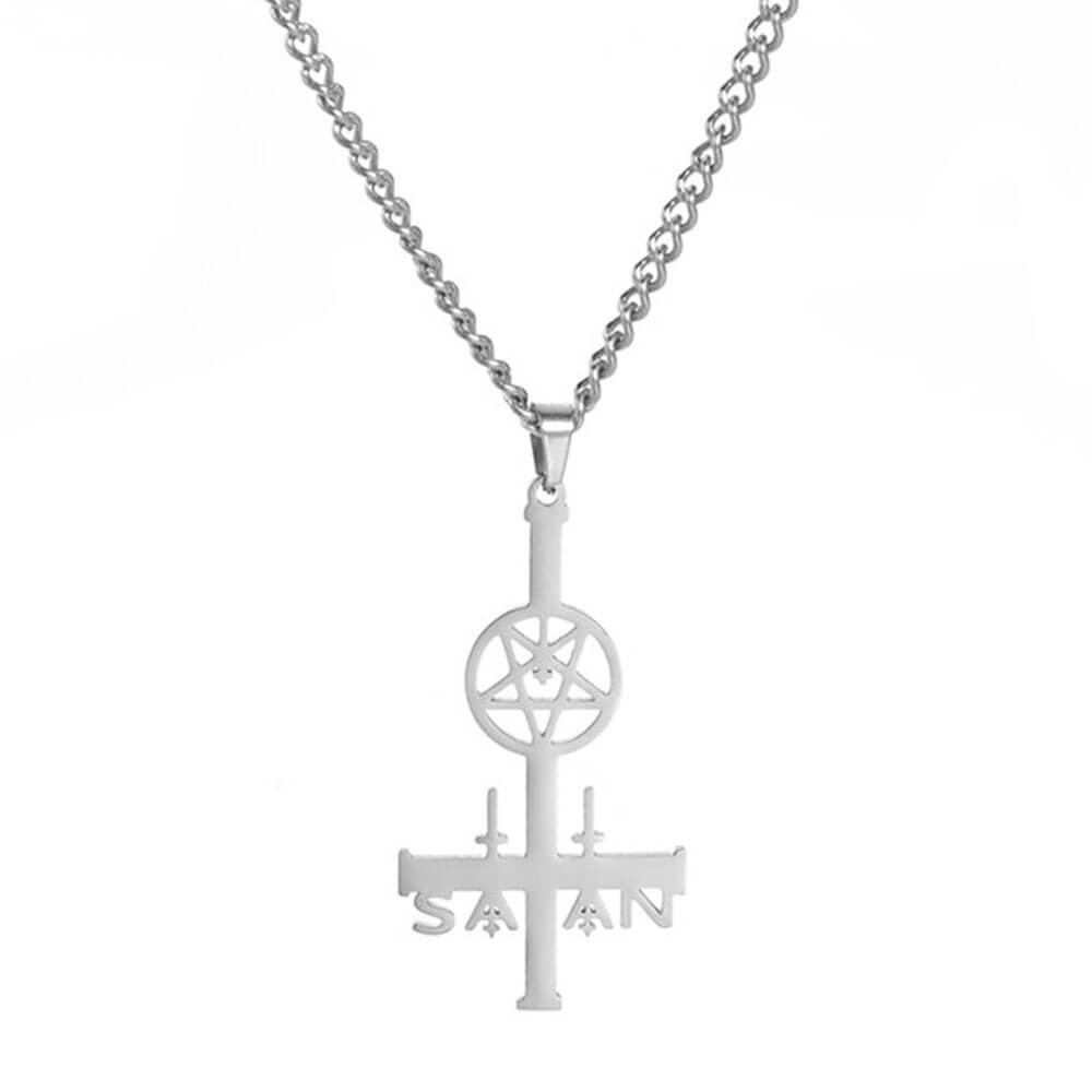 Silver Satan's Cross Pentacle Pendant Necklace