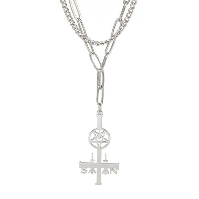 Silver Satan Cross Pentacle Pendant Necklace