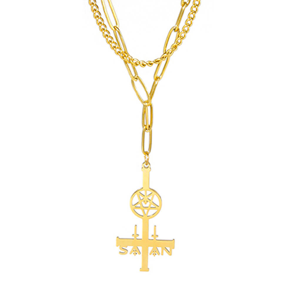 Gold Satan Cross Pentacle Pendant Necklace