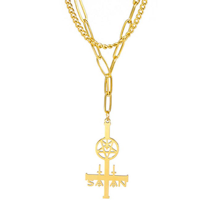 Gold Satan Cross Pentacle Pendant Necklace