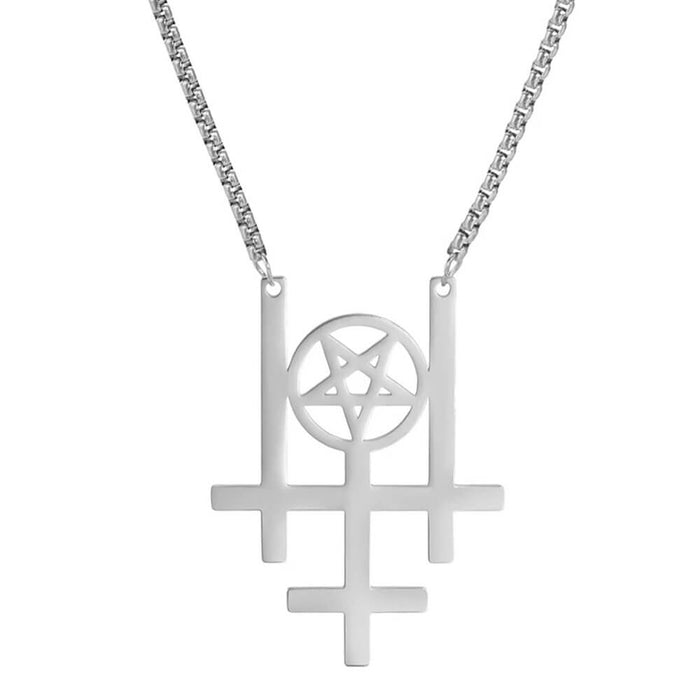 Silver Satanic Cross Pentacle Pendant Necklace