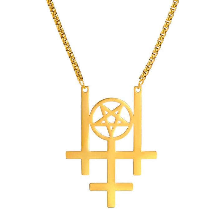 Gold Satanic Cross Pentacle Pendant Necklace