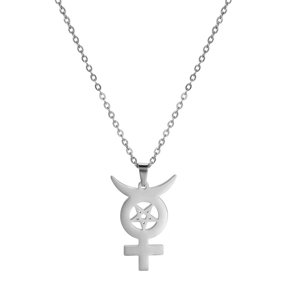 Silver Cross Moon Pentacle Pendant Necklace