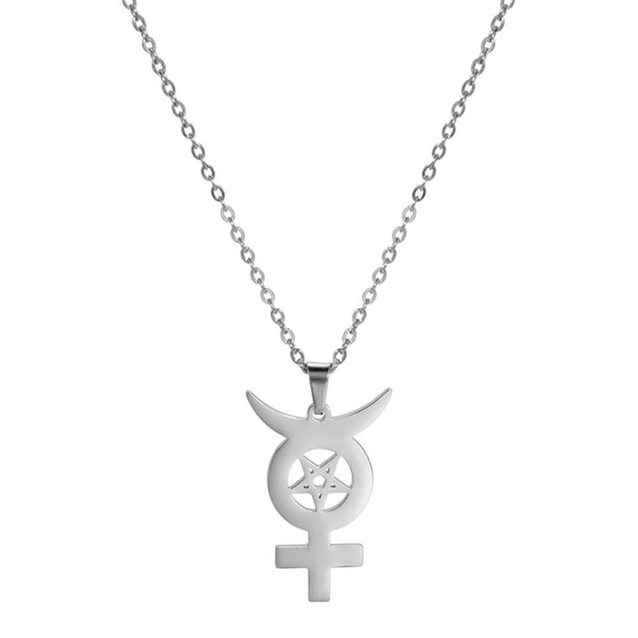 Silver Cross Moon Pentacle Pendant Necklace