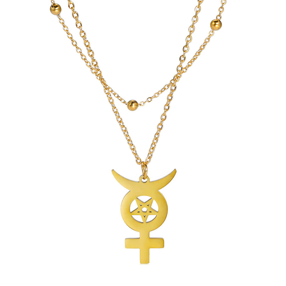 Gold Moon Cross Pentacle Pendant Necklace