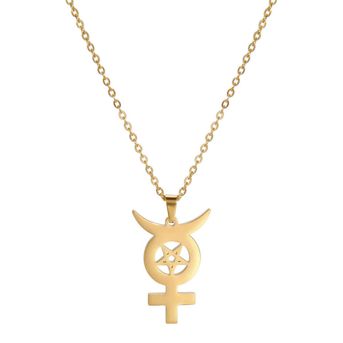 Gold Cross Moon Pentacle Pendant Necklace