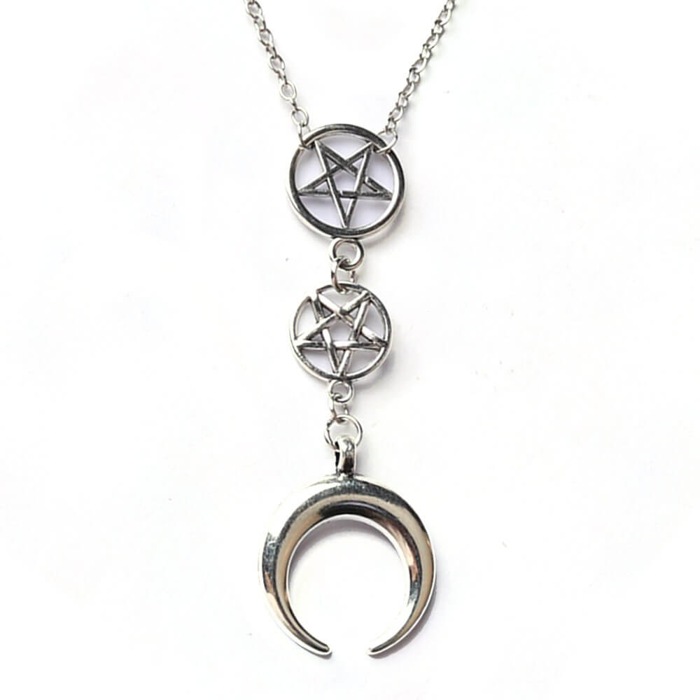 Silver Moon Pentacle Pendant Necklace – Stainless Steel