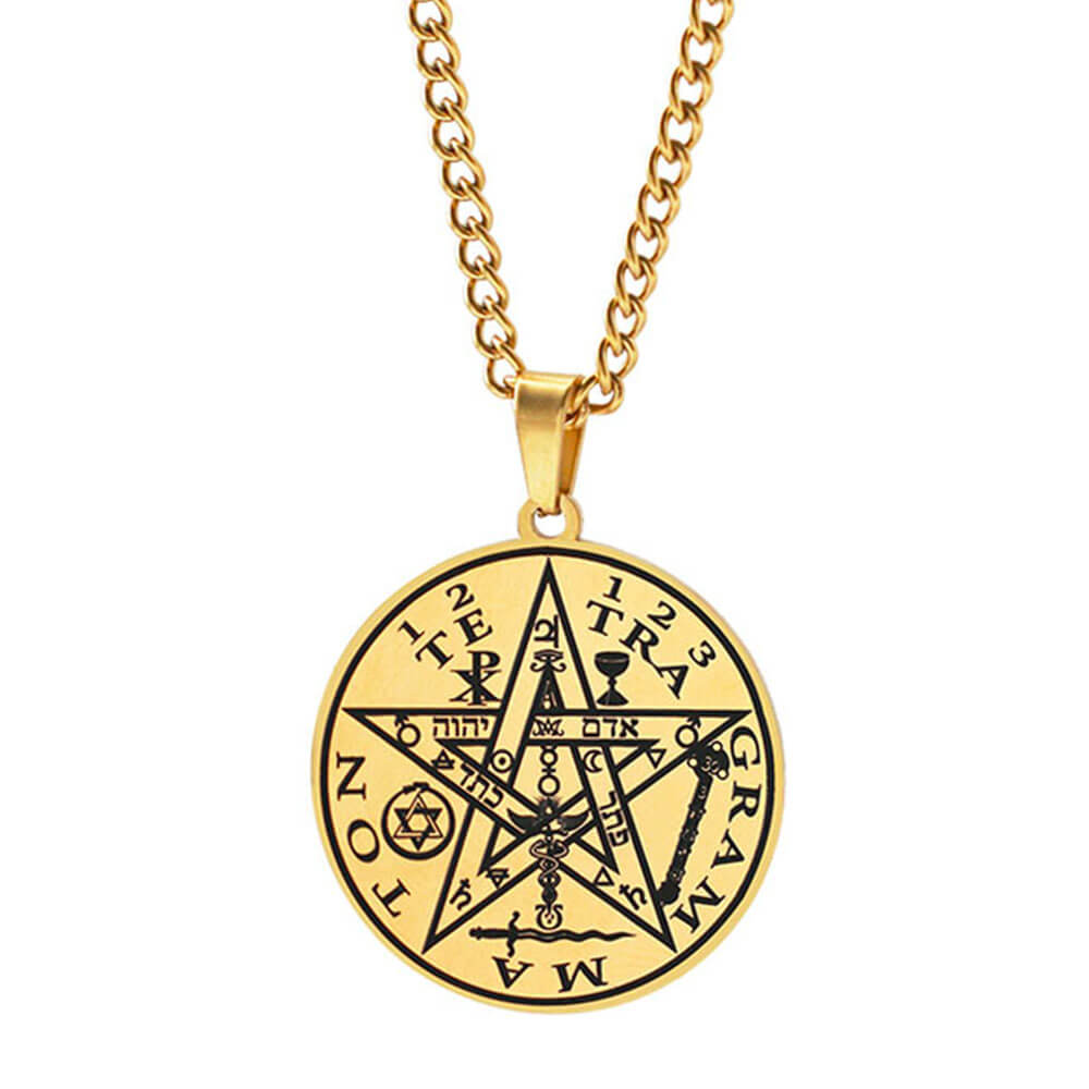 Gold Tetragrammaton Pentacle Pendant Necklace – Stainless Steel