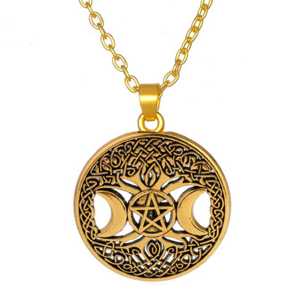 Gold Wiccan Triple Moon Pendant Necklace – Stainless Steel