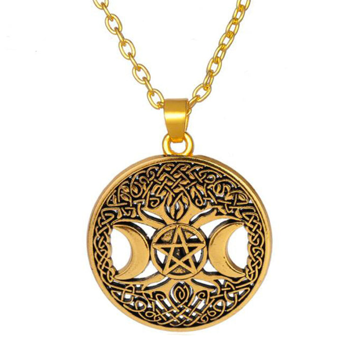 Gold Wiccan Triple Moon Pendant Necklace – Stainless Steel