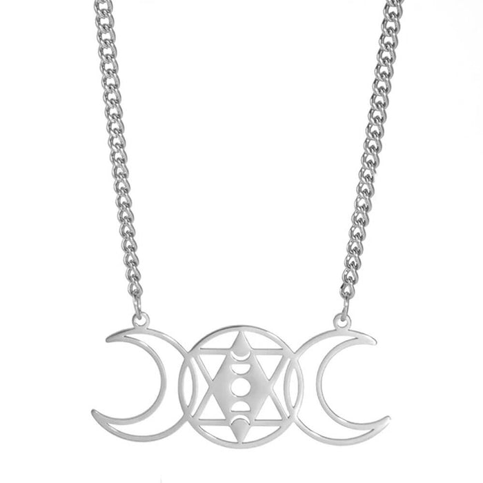 Silver Astro Triple Moon Pendant Necklace