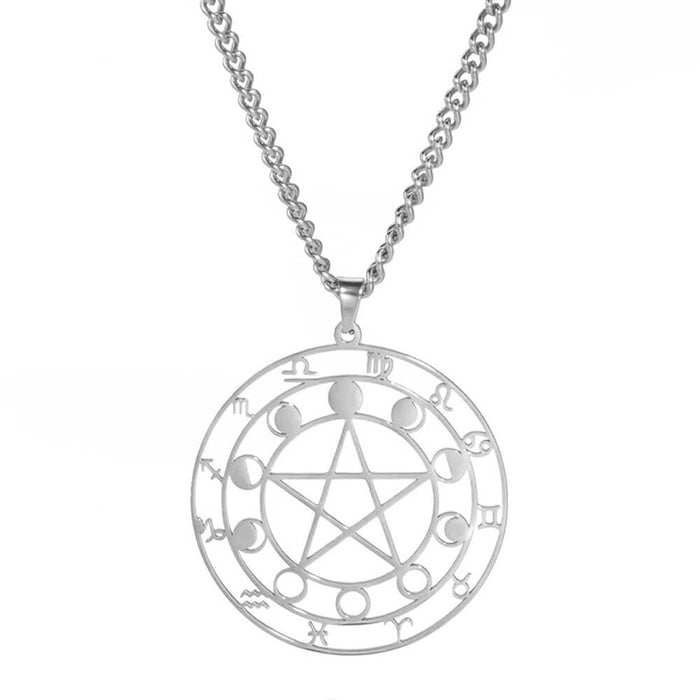 Silver Astrology Moon Pentacle Pendant Necklace