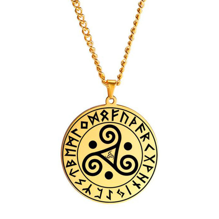 Gold Viking Runes Breton Celtic Triskele Pendant Necklace