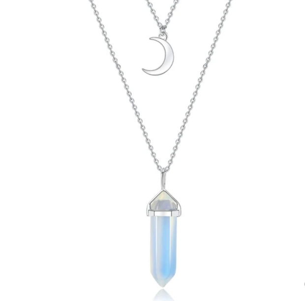 Opal Column Crescent Moon Pendant Necklace