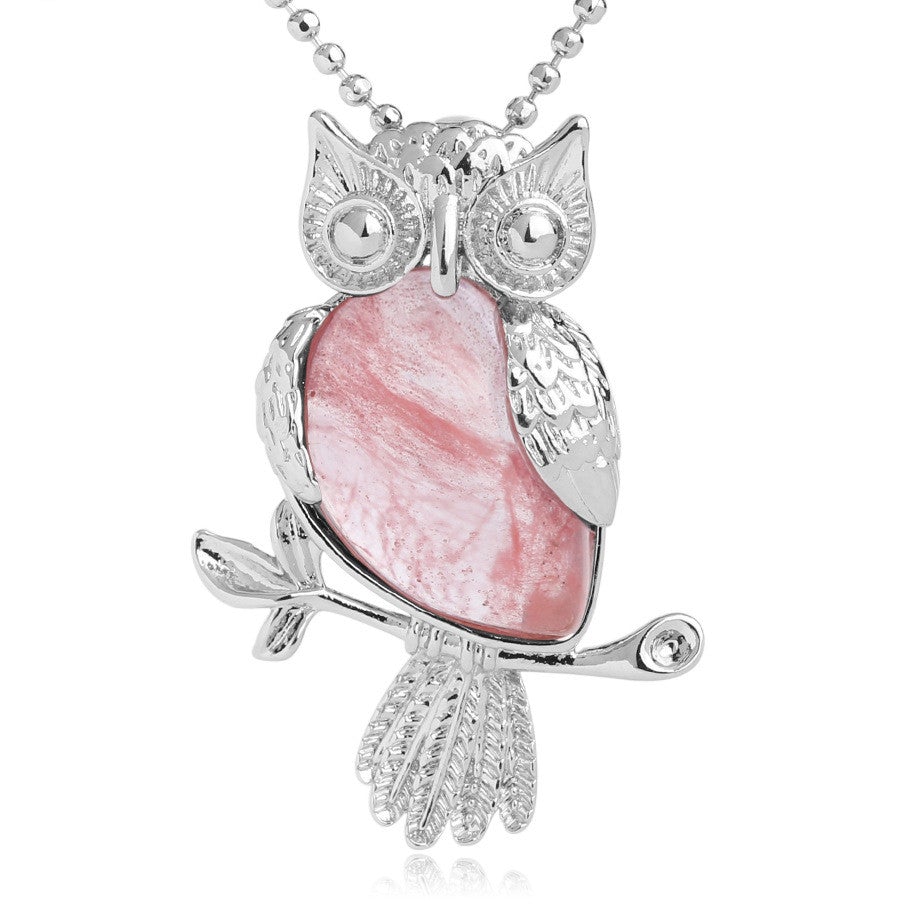 Melon Tourmaline Owl Pendant Necklace