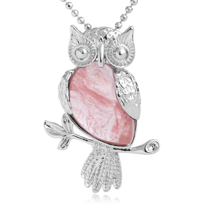 Melon Tourmaline Owl Pendant Necklace