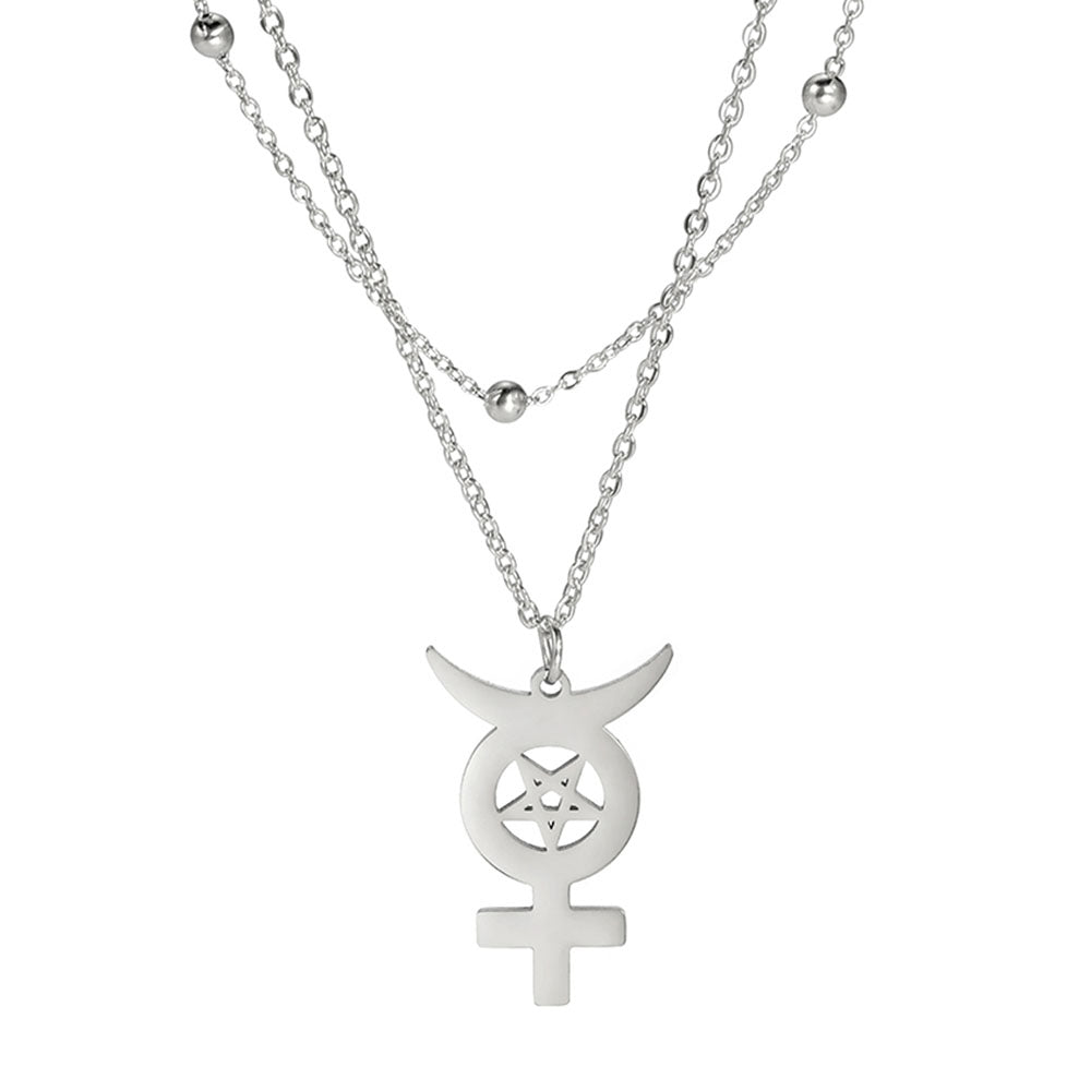 Silver Moon Cross Pentacle Pendant Necklace