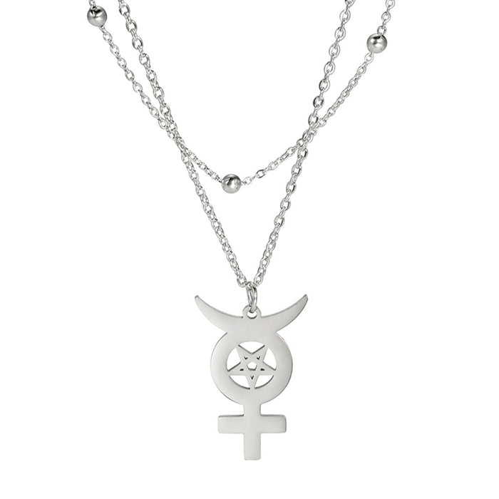 Silver Moon Cross Pentacle Pendant Necklace