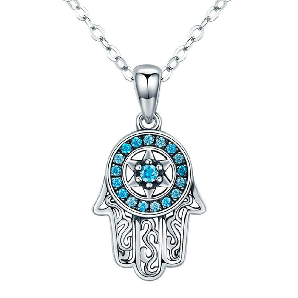 Blue Crystal Khamsa Hand of Fatima Pendant Necklace